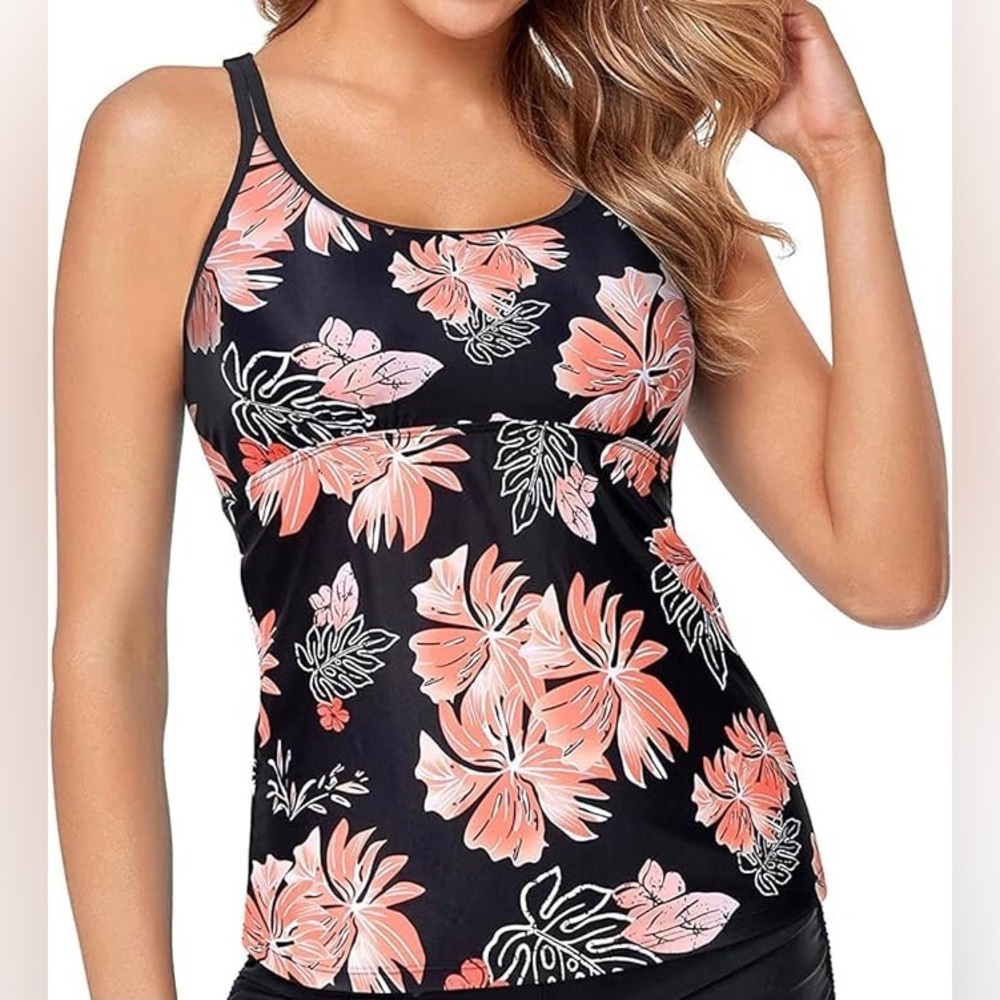 Yonique Womens Black/Orange Tropical Leaf Print Tankini Top Size Medium